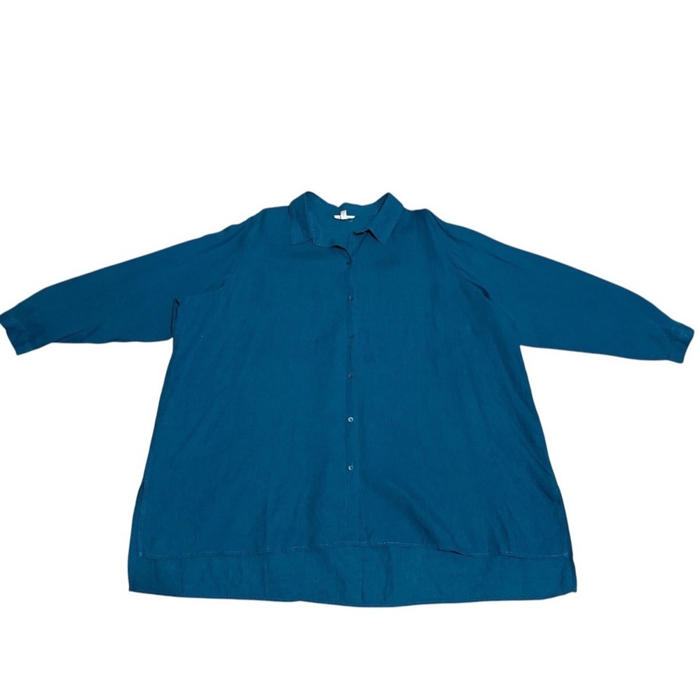 Eileen Fisher 3X Teal Organic Linen Button Front Tunic Shirt Oversized - Picture 4 of 8
